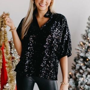 Emily McCarthy Poppy Black Sequin/Sparkle Velvet Top - Size Small